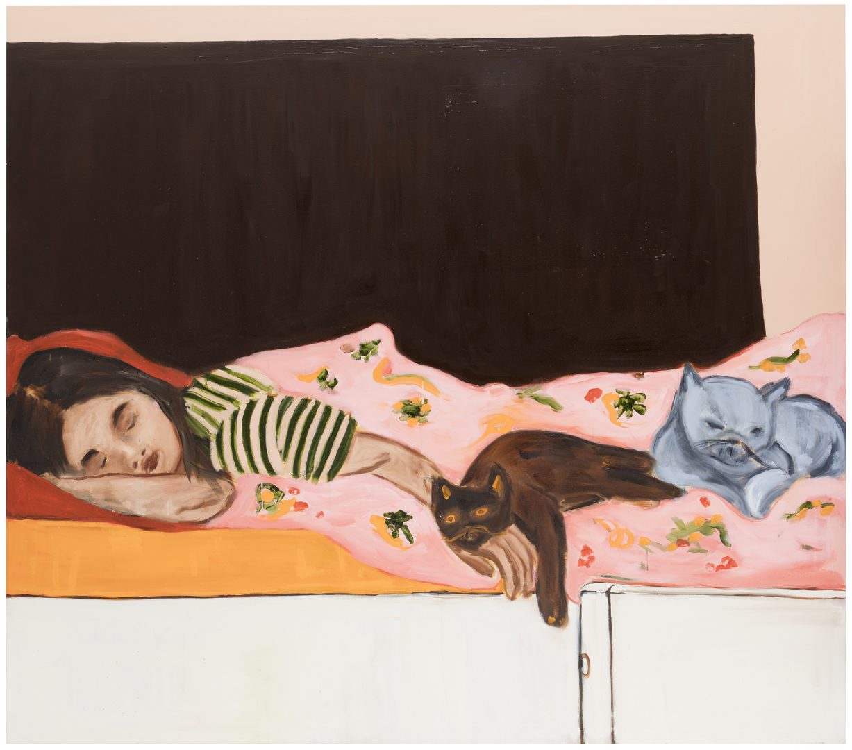 Maalaus, jossa kissa ja tyttö makaavat sängyssä